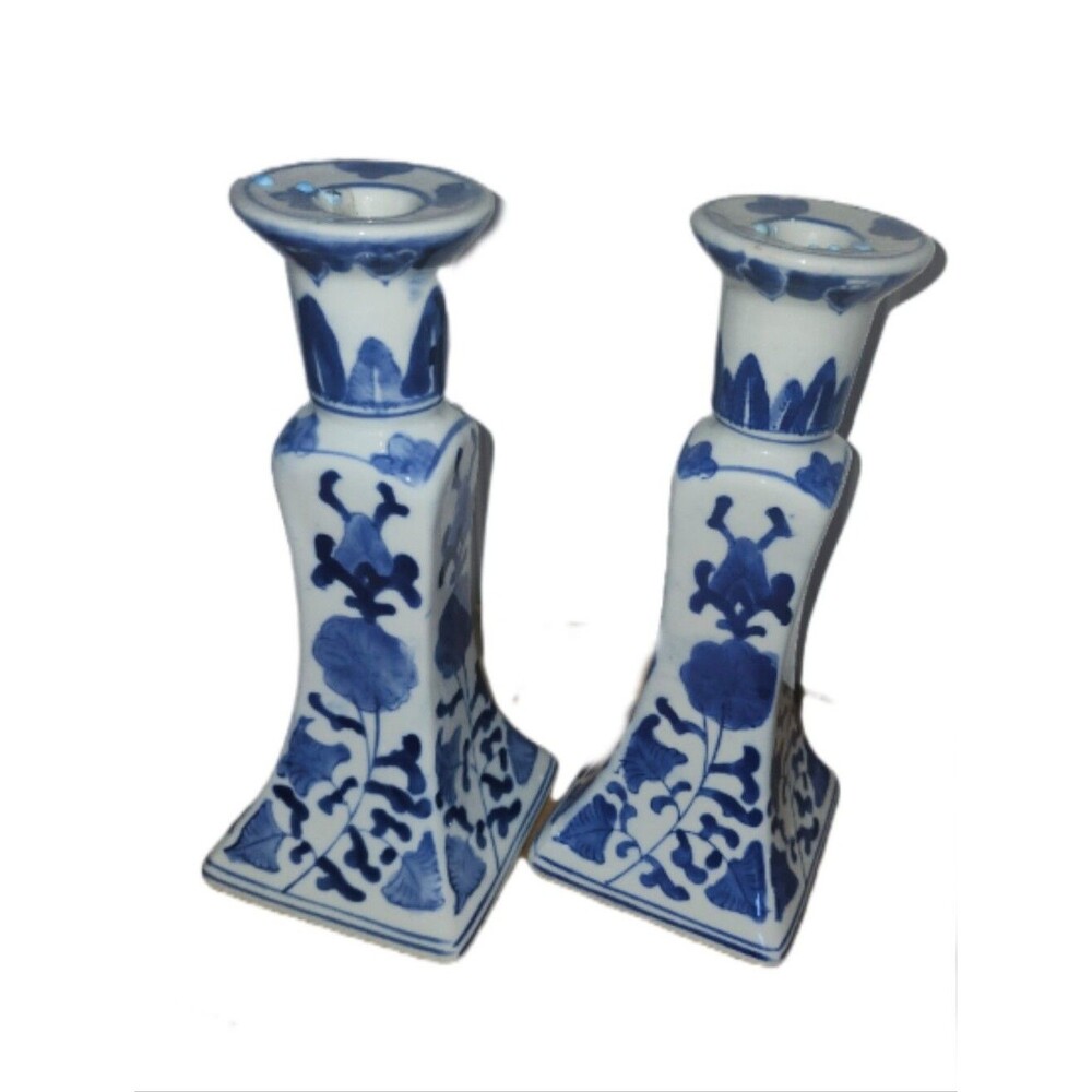 Set Of 2 Pillar Candle Holders, Ceramic Candlesticks, 4" Square Base, 10"